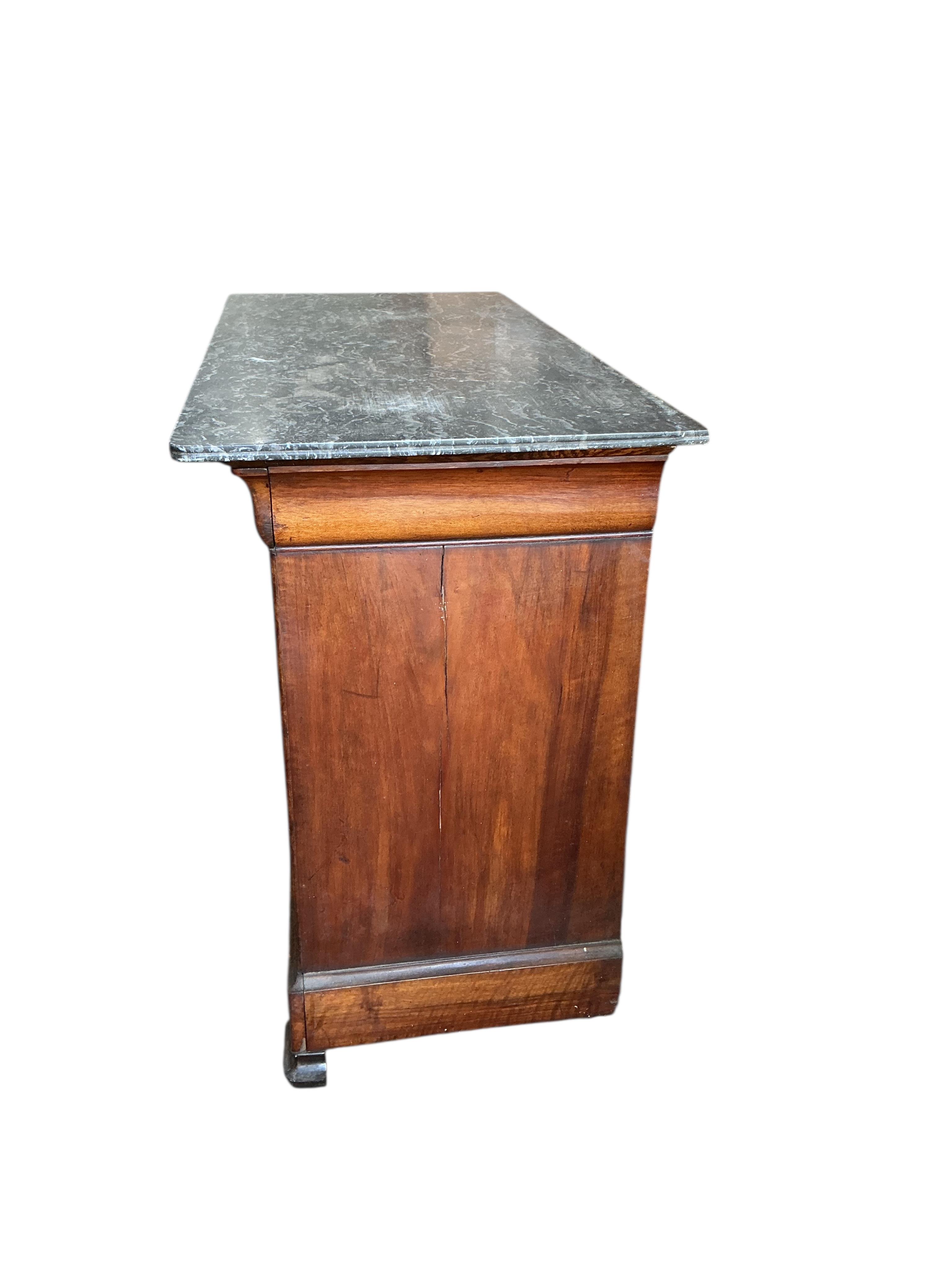 A 19th century French burr walnut marble top commode, width 127cm, depth 57cm, height 95cm
